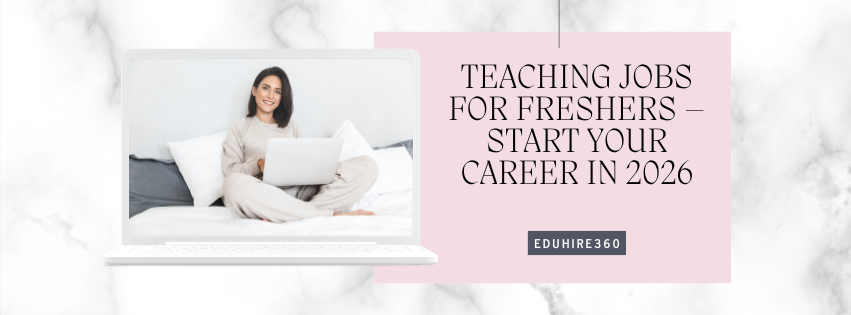 A smiling fresher teacher standing in front of a classroom whiteboard, holding a book, representing teaching jobs for freshers